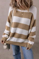 Light French Beige Colourblock Striped Drop Shoulder Side Slit Sweater IGHT FRENCH BEIGE / / 55%ACRYLIC+%COTTON