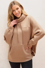 Light French Beige Drawstring Turtleneck Dolman Sleeve Sweatshirt IGHT FRENCH BEIGE / / %POLYESTER+%COTTON