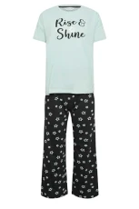 Light Green 'Rise & Shine' Slogan Wide Leg Pyjama Set Petite Light Green 'Rise & Shine' Slogan Wide Leg Pyjama Set Petite