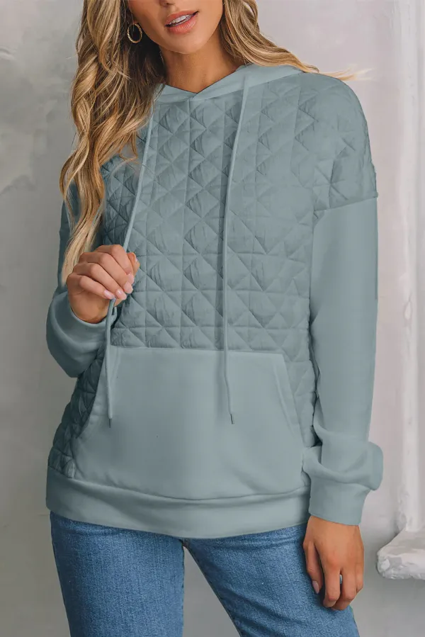 Light Grey Drop Shoulder Quilted Patchwork Kangaroo Pocket Hoodie - LIGHT GREY / M / 95%POLYESTER+5%ELASTANE