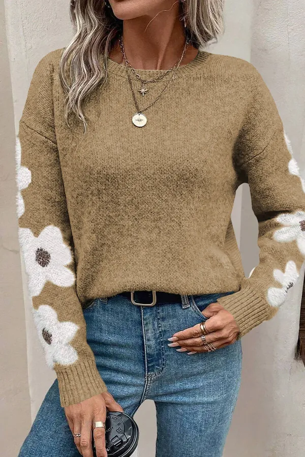 Light Grey Flower Sleeve Drop Shoulder Sweater - JET STREAM / 2XL / %ACRYLIC+%POLYESTER+%POLYAMIDE - JET STREAM