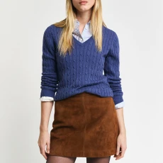 Light Navy Stretch Cable V-Neck Knit