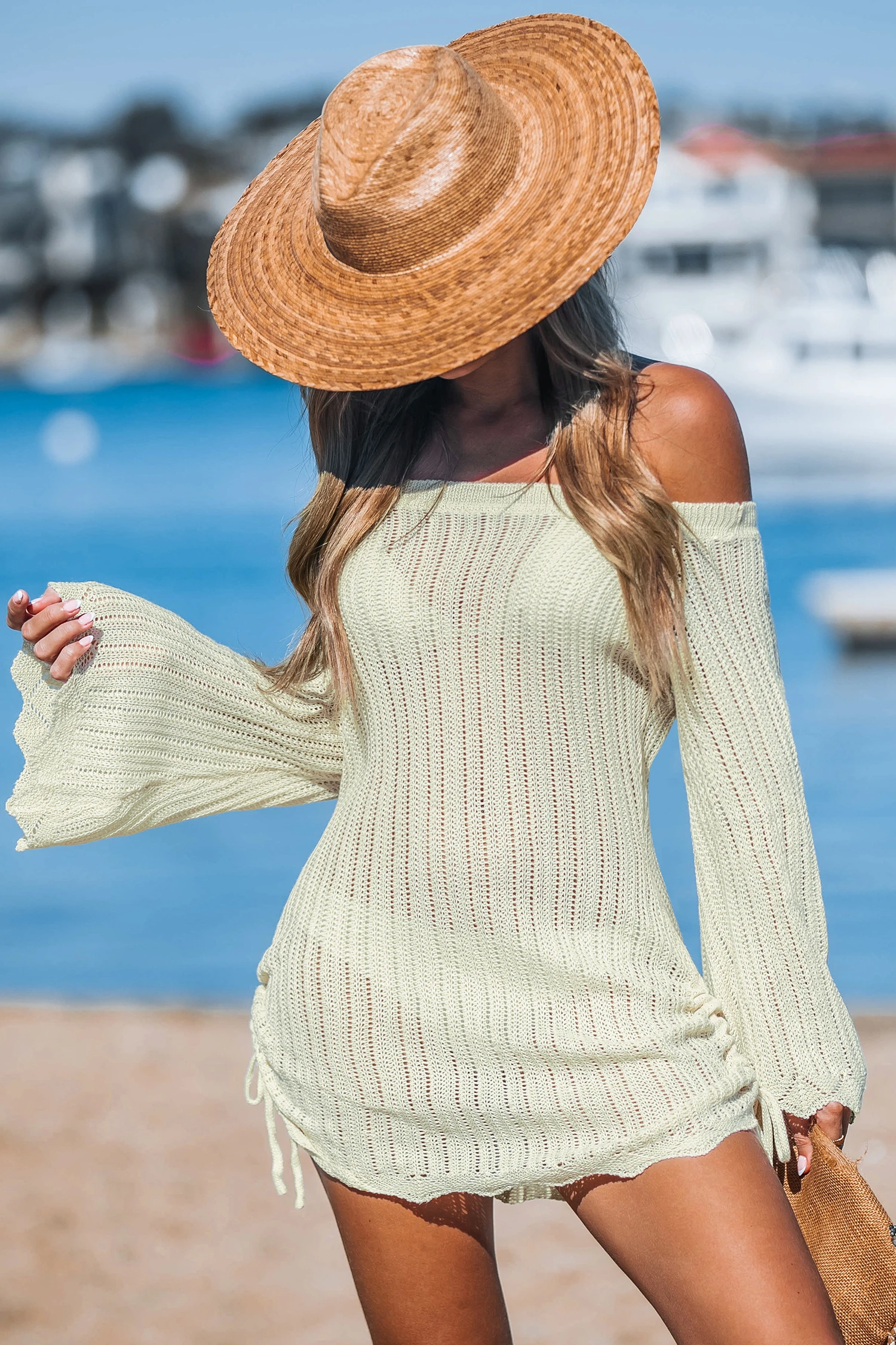 Light Yellow Off houlder Bell Sleeve Cover-Up Mini Dress