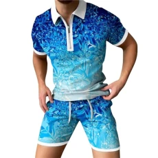 Lightening Deal Of Day Mens Suits Short Sleeve Quarter Zipper Turn Down Collar Pullover Tops Contrast Color Ink Splash Printed Blouse with Drawstring Shorts Summer Fas Outlet Clearance Uk Overstock
