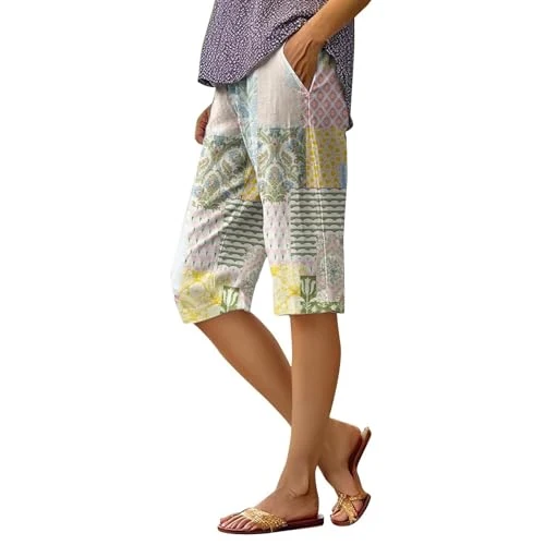 Lightning Deals Capri Pants for Women UK Knee Length High Waisted Casual Elastic Shorts with Pocket Colorful Floral Printed Trousers 2024 UK Summer Fashion Loose Fit Women Short Outlet Clearance Uk