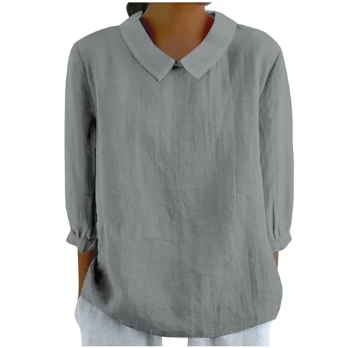 Lightning Deals of Today Linen Shirts for Women UK 2024 Summer 3/4 Length Sleeve Tunic Tops Cotton L