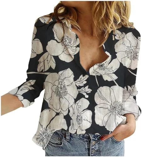 lightning deals of today prime Summer Tops for Women UK Flower Print Button Down Long Sleeve Lightwe