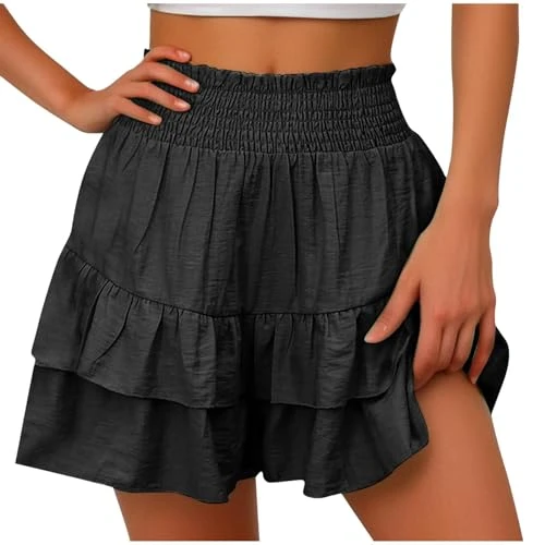 Lightning Deals Today Shorts for Women UK High Waisted Fashion Ruffle Shorts Solid Color Printed Pleated Hem Pants 2024 Summer Comfortable Casual Women Shorts for Outdoor Clearance Bargains