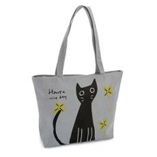 Lightweight Ladies Grey and Black tone Cat Design Canvas Fashion Tote Bag