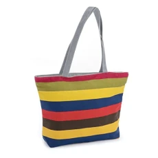 Lightweight Ladies Grey & Multi Tone Striped Canvas Fashion Tote Bag/Beach Bag