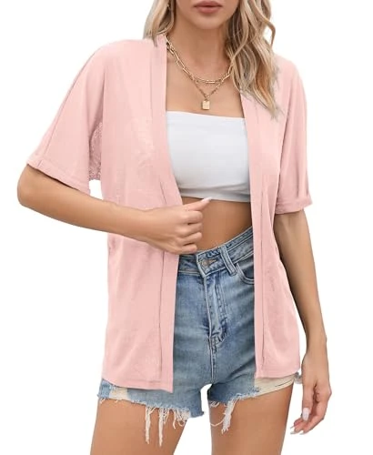 Lightweight Short Sleeve Open Front Cardigans for Women Effortless Summer Chic（Pink, XX-Large）
