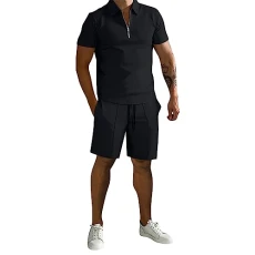 Limited Time Deals Mens Suits Short Sleeve Quarter Zipper Turn Down Collar Pullover Tops with Drawstring Shorts Solid Color Printed Set Summer Loose Fit Casual Spo Warehouse Clearance Bargains Sale