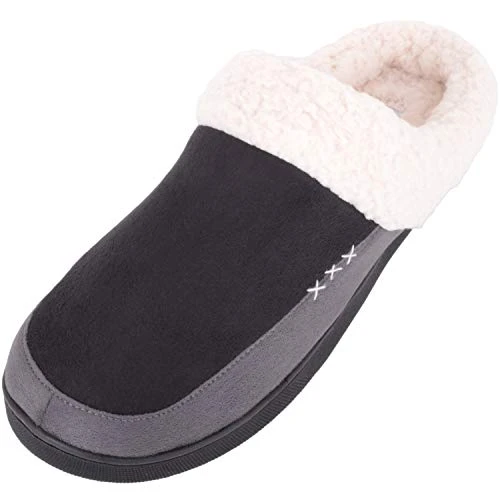 Lincoln, Mens Slip On Mule Slipper with Two Tone Colours and Fleece Trim - Black/Grey - X-Large (UK 