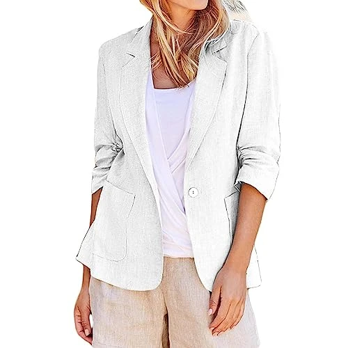 Linen Blazer Women Casual 3/4 Stretchy Ruched Sleeve Lightweight Work Office Blazer Jacket with Pock