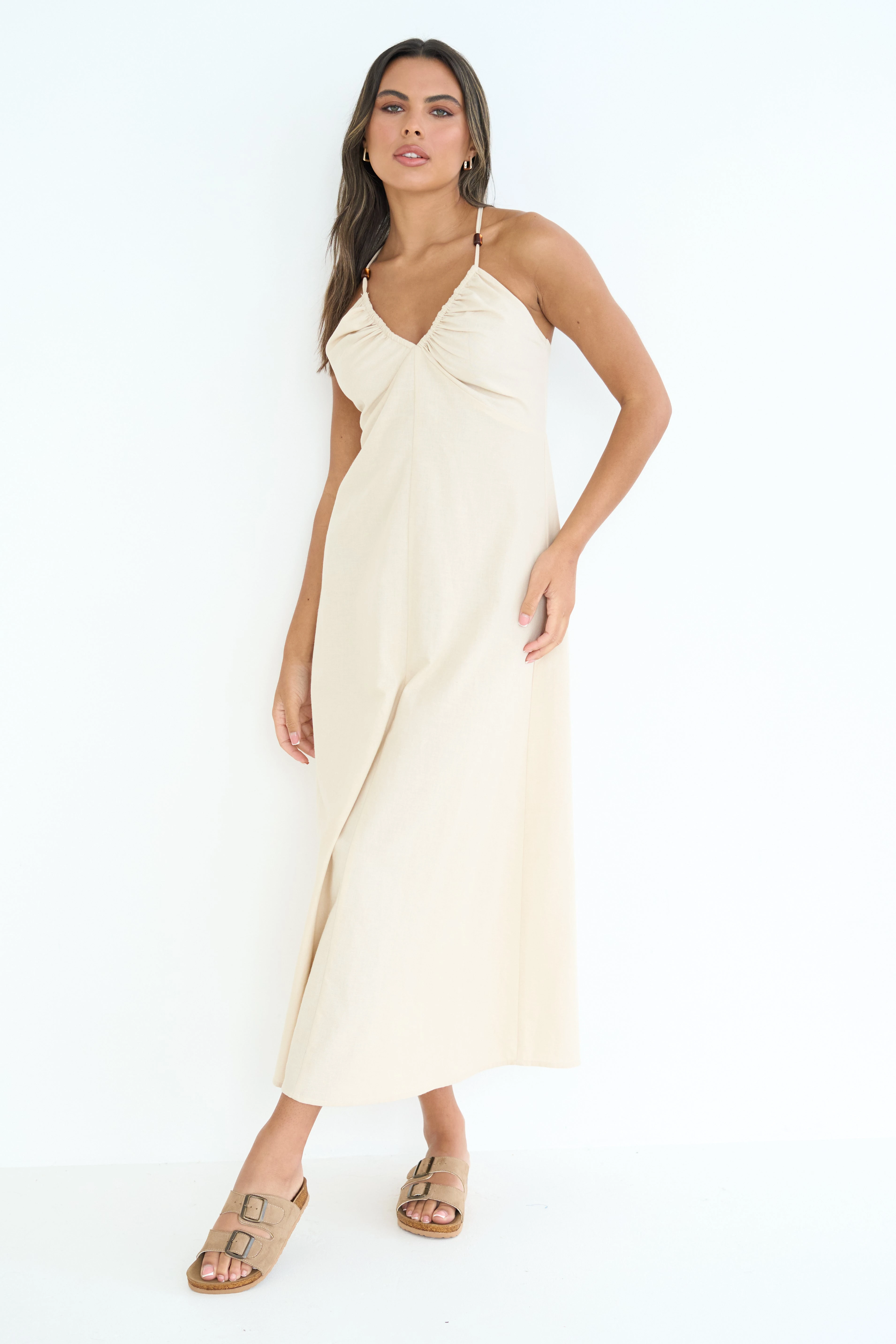 Linen Blend Beaded Maxi Dress Cream /