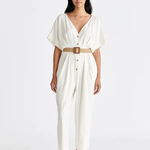 Linen blend button jumpsuit