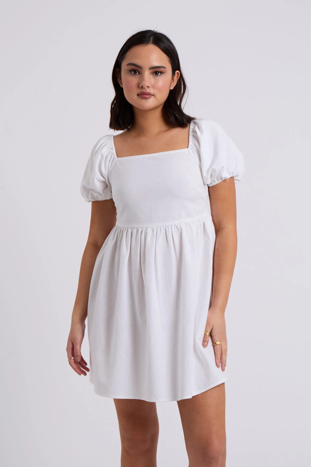 Linen Blend Lace Up Mini Smock Dress White / 8