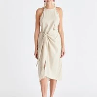 Linen blend waist tie dress