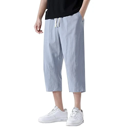 Linen Capri Pants for Men, Lightweight Loose 3/4 Shorts Drawstring Elastic Waist Wide Leg Casual Bea