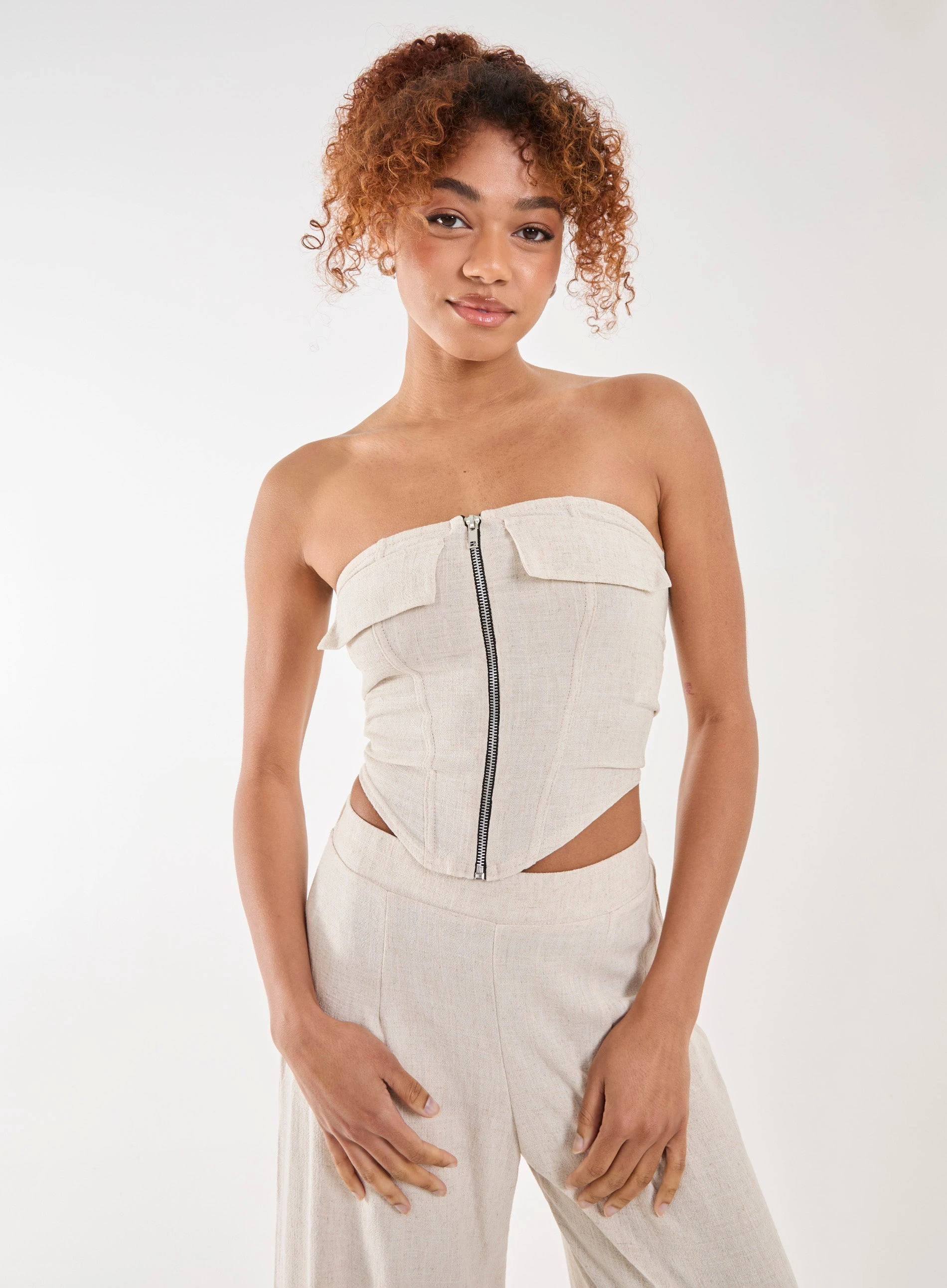 Linen Cargo Corset Top  - 14  - STONE