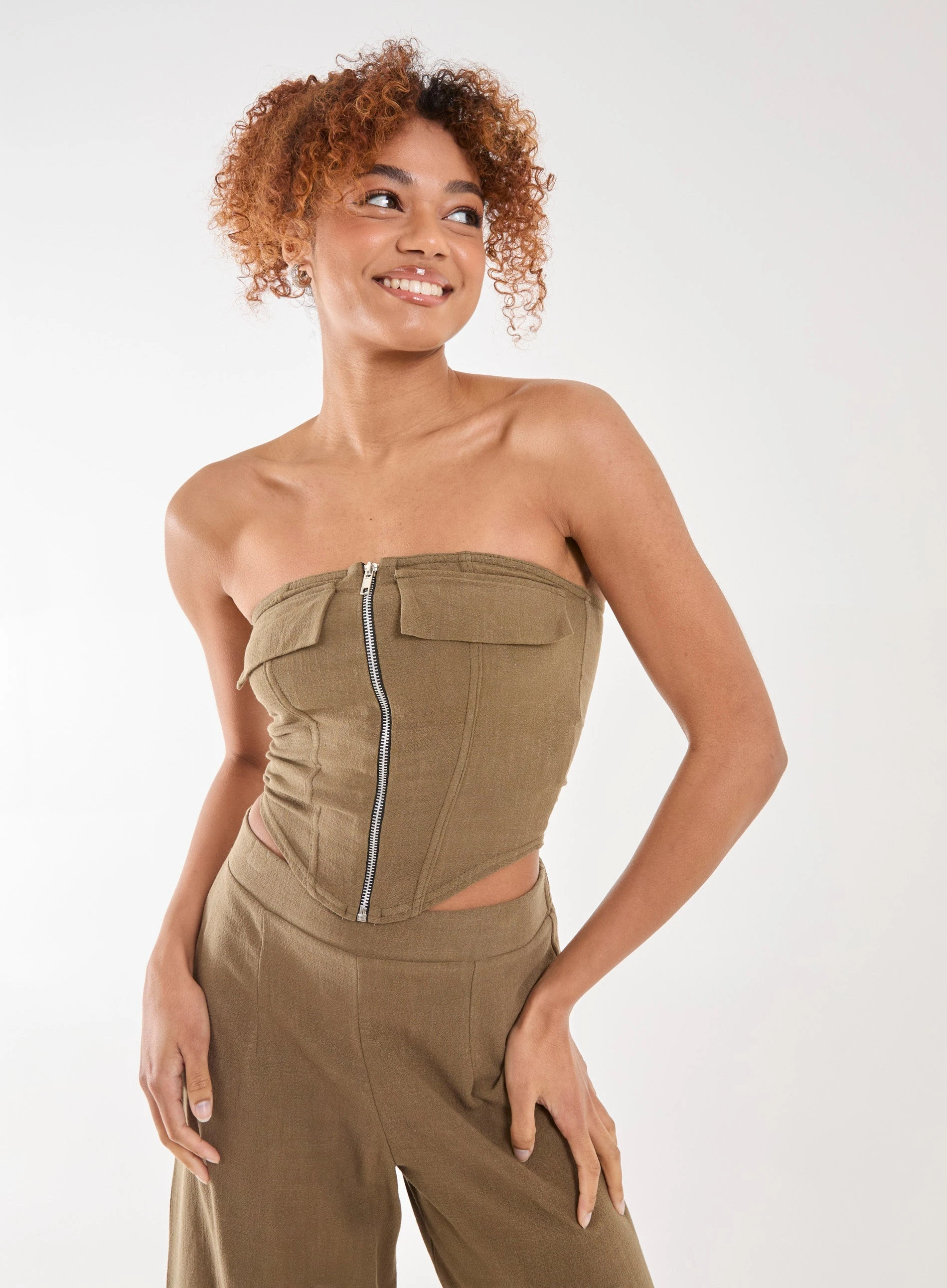 Linen Cargo Corset Top  - 6  - KHAKI