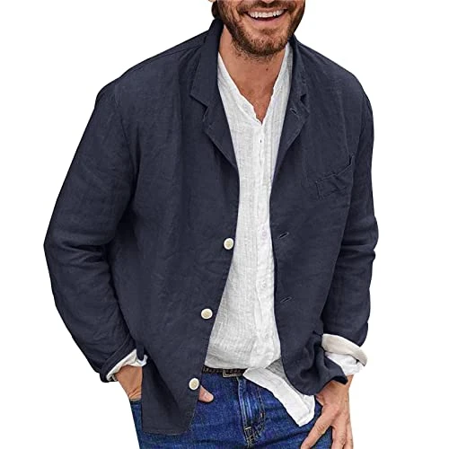 Linen Cotton Jacket Men, Men'S Blazers Casual Regular Fit Breathable Simple Colours Suit Jackets Long Sleeve Shirt Top with Pockets Regular Fit Lightweight Blazers Three Buttons Loose Fit Jacket Navy