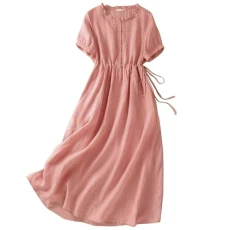 Linen Dresses for Women UK 2024 Casual Solid Round Neck Light Spring Formal Dresses Sale Clearance Tie Waist Flowy Cozy Summer Midi Ladies Dresses wearhouse.Deals Clearance Prime Pink