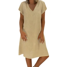 Linen Dresses for Women UK Clearance 2024 Summer Short Sleeve V Neck Midi Dress Casual Loose A-Line 