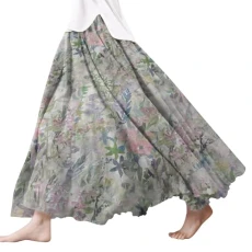 Linen Floral Skirts for Women，Fan Shaped Pleated Large Hem Printed Tulle Skirts Elastic High Waist Long Skirt，Spring/Summer/Autumn/Winter Soft Holiday Travel Lounge Skirt # Grey