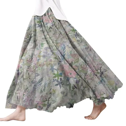Linen Floral Skirts for Women，Fan Shaped Pleated Large Hem Printed Tulle Skirts Elastic High Waist Long Skirt，Spring/Summer/Autumn/Winter Soft Holiday Travel Lounge Skirt # Grey