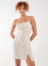 Linen Ruched Strappy Mini Dress TONE - STONE Linen Ruched Strappy Mini Dress TONE - STONE