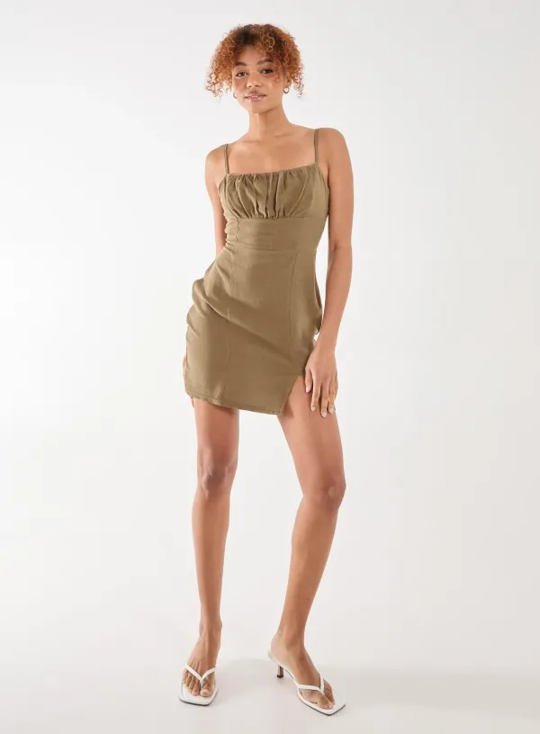 Linen Ruched Strappy Mini Dress - - KHAKI