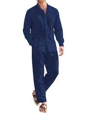 Linen Sets For Men 2 Piece Button Down Shirt Long Sleeve And Casual Beach Drawstring Waist Pants Summer Outfits, Navy, Small Linen Sets For Men 2 Piece Button Down Shirt Long Sleeve And Casual Beach Drawstring Waist Pants Summer Outfits, Navy, Small