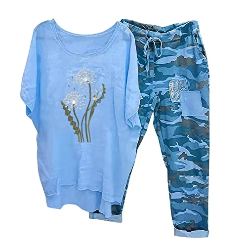 Linen Sets for Women 2 Piece Plus Size Summer Short Sleeve Top and Trousers Sweatsuit Set Cute Pattern Printed T Shirts & Camouflage Pants Lounge Activewear Set UK 8-22 Sale