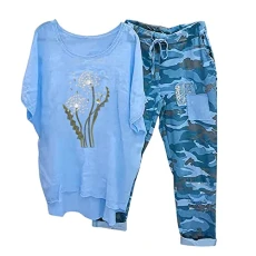 Linen Sets for Women 2 Piece Plus Size Summer Short Sleeve Top and Trousers Sweatsuit Set Cute Pattern Printed T Shirts & Camouflage Pants Lounge Activewear Set UK 8-22 Sale