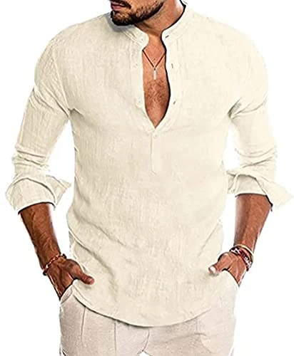 Linen Shirts Men Shirts Henley Tops Short-Sleeve Summer Casual Button Beach B Beige L