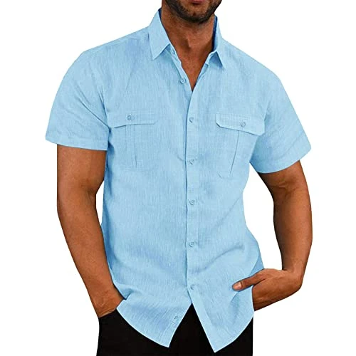 Linen Shirts Men Short Sleeve Button Up Shirt Plain V Neck T Shirts Casual Summer Hawaiian Beach Top