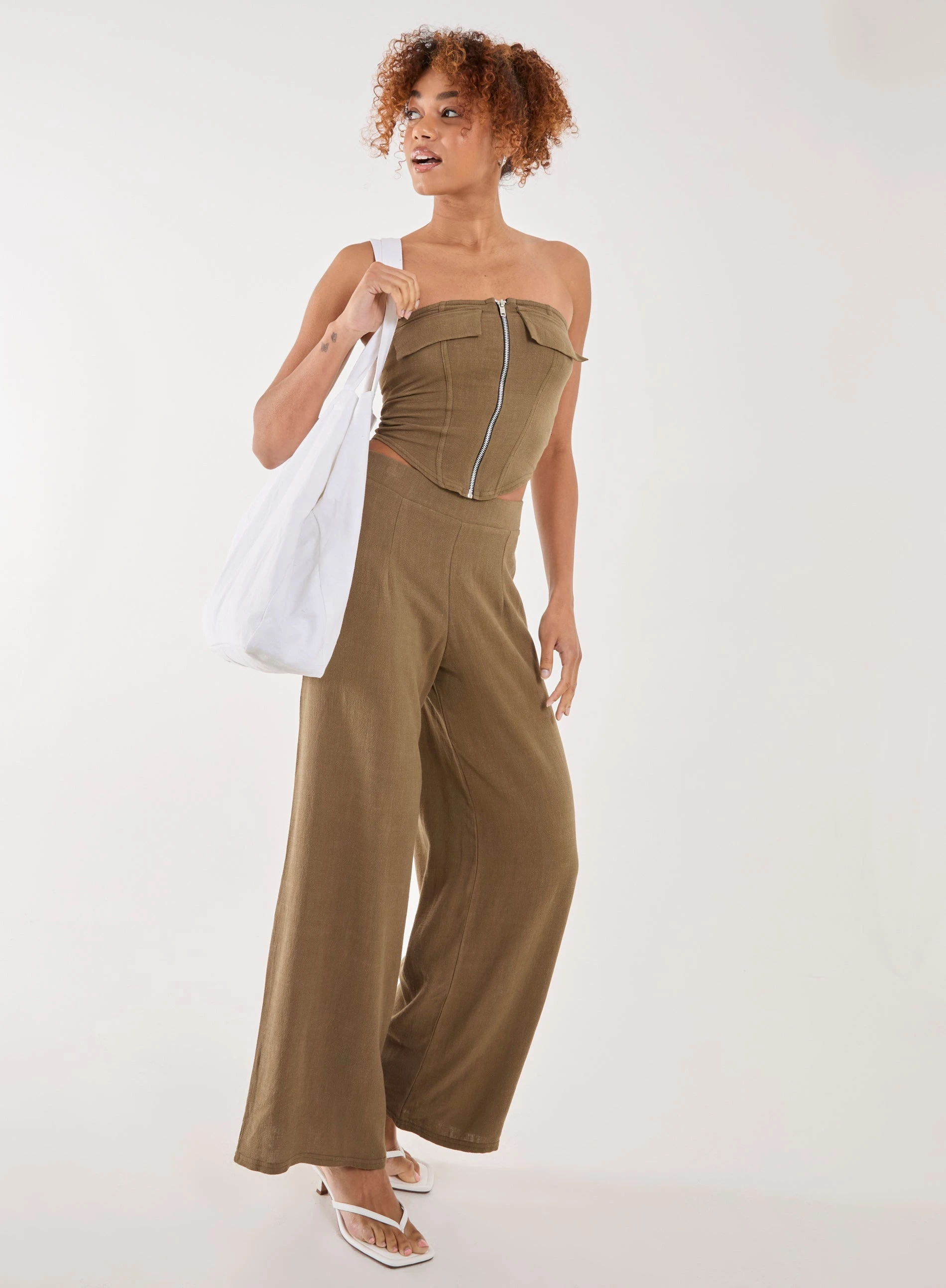 Linen Straight High Waist Trousers  - 12  - KHAKI