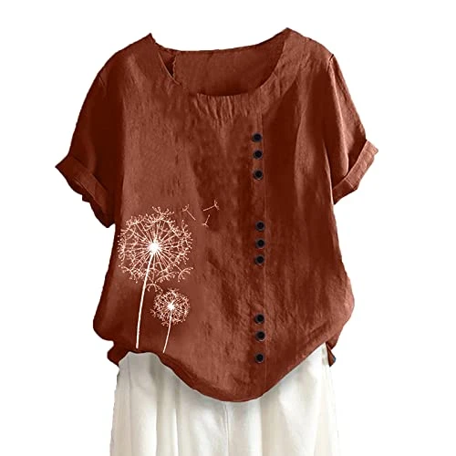 Linen Tops for Women UK Plus Size 8-22 Elegant Tunic Tops Floral Embroidered Blouse Ladies Oversized