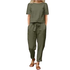 Linen Two-Piece Women's Summer Casual Trouser Suit, 2-Piece Short Sleeve T-Shirt and Long Trousers, Leisure Suit, Lightweight Plain Sports Suit with Pockets, Tracksuit, Elegant Cotton Workout