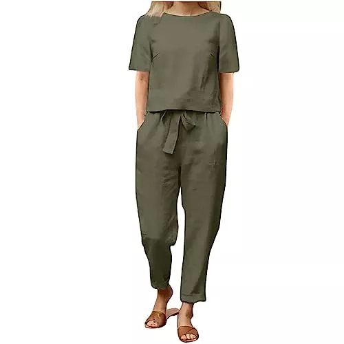 Linen Two-Piece Women's Summer Casual Trouser Suit, 2-Piece Short Sleeve T-Shirt and Long Trousers, Leisure Suit, Lightweight Plain Sports Suit with Pockets, Tracksuit, Elegant Cotton Workout