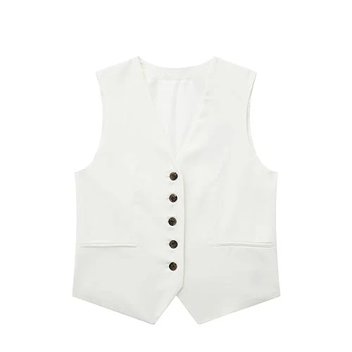 Linen Waistcoats For Woman - Casual Waistcoat Women V Neck Button Down Blazer Waistcoat Retro Summer