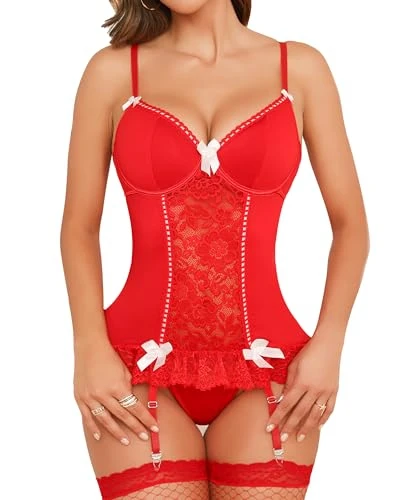 Lingerie for Women Sexy Bustier with Suspender Straps Lace Teddy Babydolls with Garter Stockings Red XL