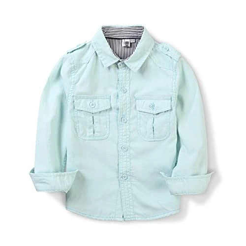 Little Big Boys' Oxford Button Down Shirt Long Sleeve Utility Sports Casual Western Tops, Cyan, 7-8 