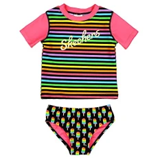 Little Girls' Swim Suit Set with Short Sleeve Rashguard, ice Cream Black/Multi, 4 Little Girls' Swim Suit Set with Short Sleeve Rashguard, ice Cream Black/Multi, 4