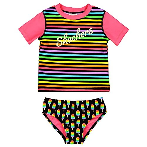 Little Girls' Swim Suit Set with Short Sleeve Rashguard, ice Cream Black/Multi, 4