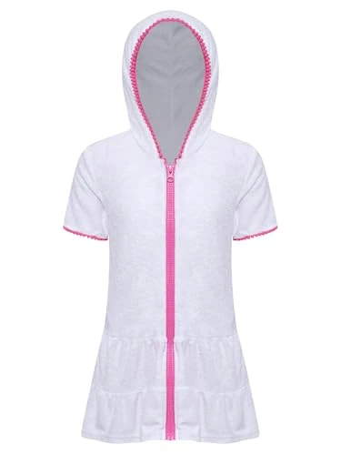 Little Girls Swimming Cover Up Zip Up Hooded Beach Dress Swimsuit Absorbent Bathrobe Robe Bathing Suit Swimwear White 5-6 Years