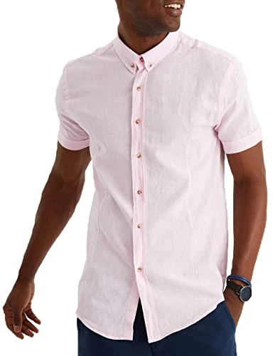 LN3877 Men's Linen Shirt Short Sleeve Summer Linen Shirt T-Shirt Men Casual Shirt Boys Basic Shirt S