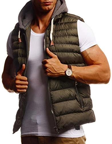 LN737 Men's Outdoor Summer Quilted Vest Black Down Vest Removable Hood Vest Sports Vest Leisure Jacket for Men Transition Jacket Slim Fit, khaki, S