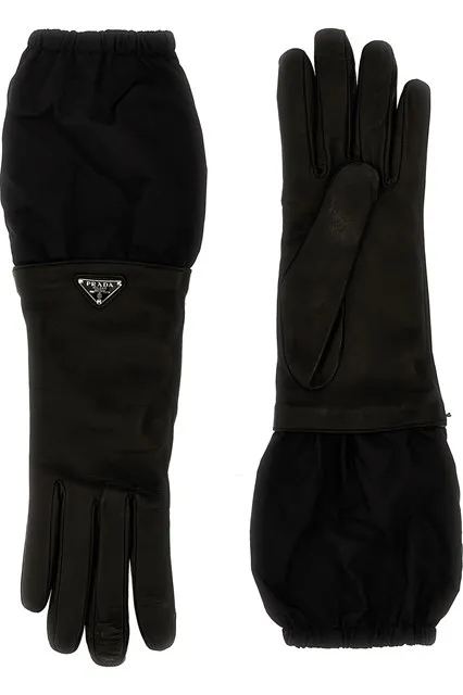 Logo nylon leather gloves - Black